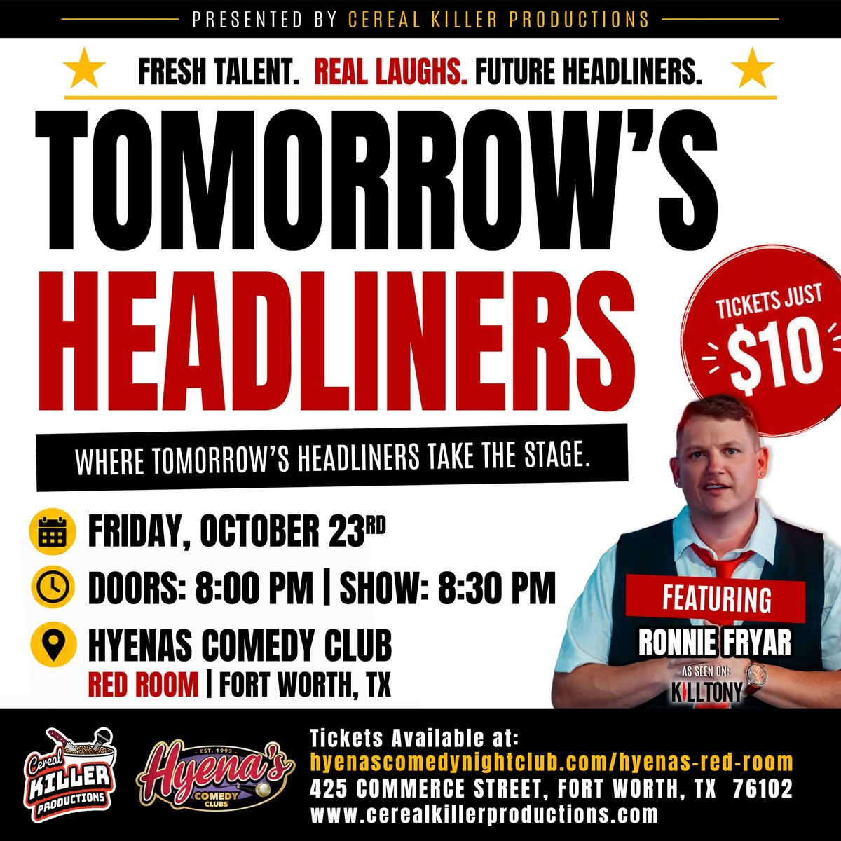 Tomorrow's Headliners flyer featuring Ronnie Fryar, Friday October 23 at Hyena's Comedy Club Red Room in Fort Worth, TX